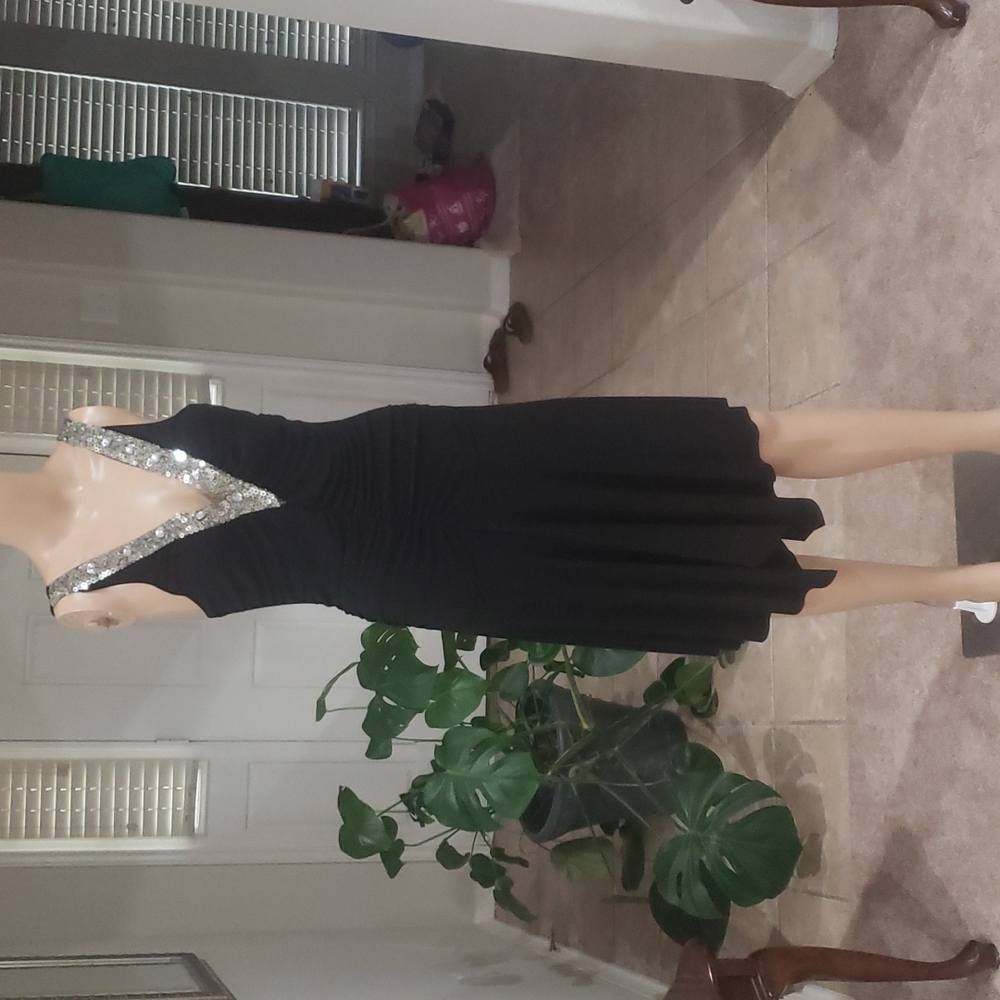 Clovis L sexy sleek ruched assymetrical hem sequins and jewel vneck